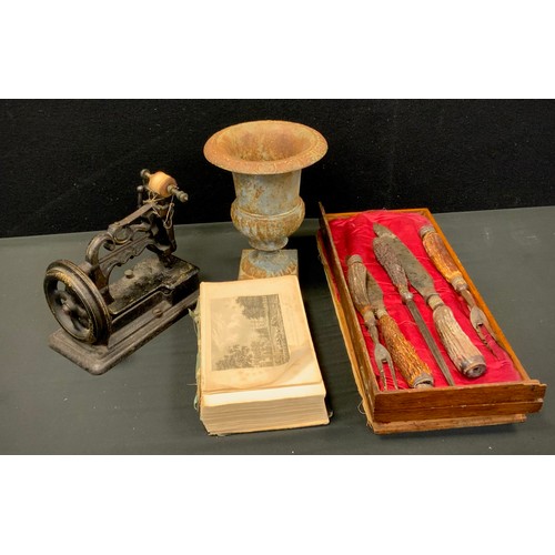 139 - Boxes and objects - a miniature Charles Raymond chain stitch and sewing machine, c.1871; cast iron u... 