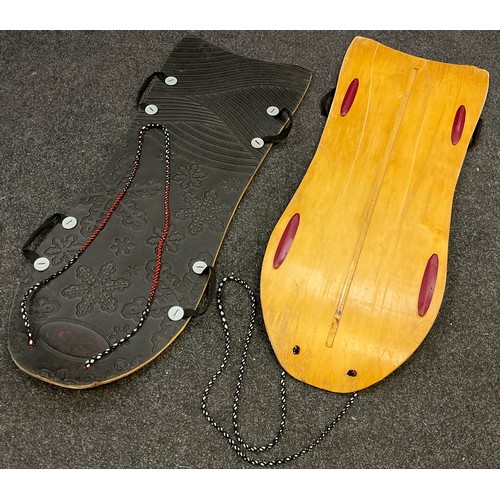 141 - Two Snow Sleds / Ski boards, formed plywood boards, each measuring 116.5cm x 45cm, (2).