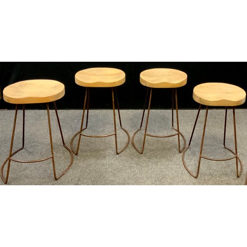 157 - A set of four bar stools, mango wood seats, and ‘rust’ finish metal bases, each 60cm high, (4).