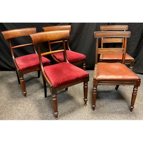 163 - A set of three Regency mahogany dining chairs;  two further 19th century chairs, (5).