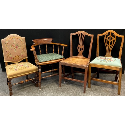 166 - A 19th century stained Beech wood smoker’s bow armchair;  a George III Elm and oak splat back chair,... 