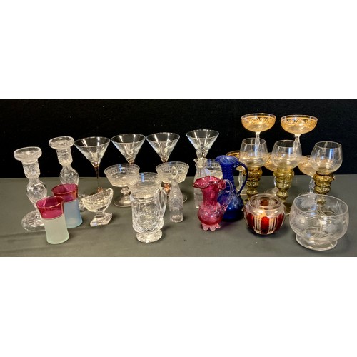 174 - Glass - A set of four Edwardian champagne coupes,c.1905, pair of of cut glass candlesticks, 20cm hig... 