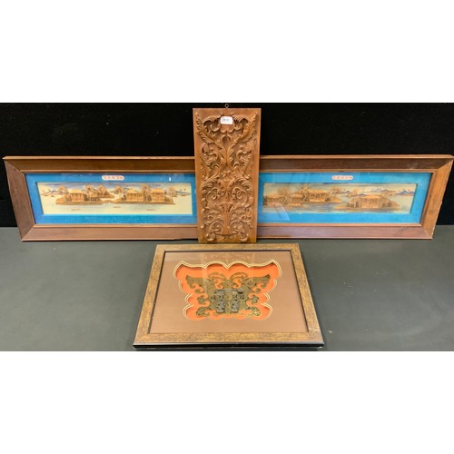 175 - A pair of Chinese cork pictures, 11cm x 52cm;  a Chinese door handle, framed; carved hardwood panel;... 