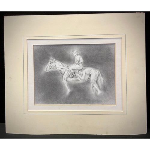 294 - Surrealist School  - a 20th century Pencil sketch Maiden Filly Horse, with Jockey up, unsigned, 19.5... 