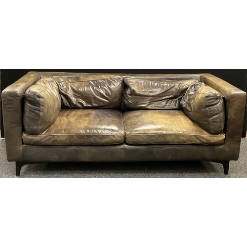 299 - A modern, mid 20th century style, deep green/brown leather sofa, 71cm high x 185cm wide x 84cm deep.