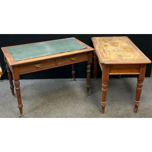 302 - A late Victorian oak writing desk, pair of short drawers to frieze, turned legs, ceramic casters, 73... 