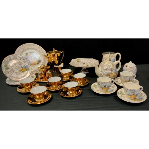 306 - A 1960’s Bavaria gold coffee set for six including six coffee cups and saucers, etc; Crinoline lady ... 