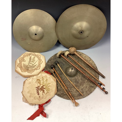 379 - Chinese beaten metal cymbal, domed centre, 33cm diameter, others Beverly Krut, MkII, 30cm diameter, ... 