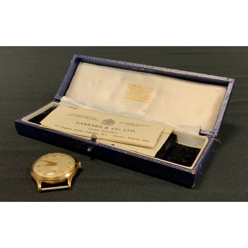 415 - A 1950s Garrard 9ct gold cased wristwatch head, 30mm diameter case, silvered dial, Arabic numeral an... 