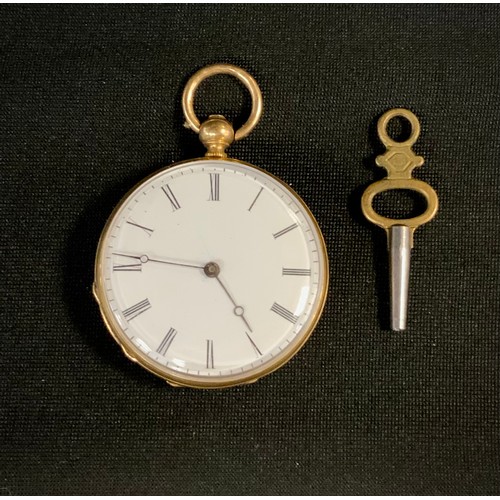 424 - A 19th century 18ct gold cased open face pocket watch, 34mm diameter case, white enamel dial, Roman ... 