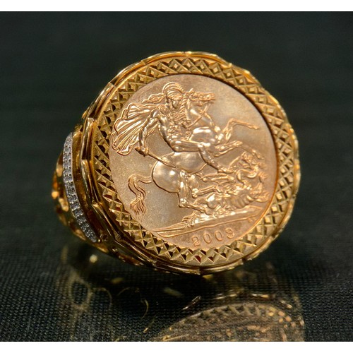 430 - A diamond mounted sovereign signet ring, 2003, London mint, 9ct gold shank, size U/V, 13.7g gross, b... 