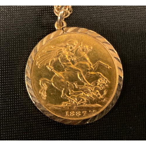 433 - A Victorian sovereign pendant necklace, 1887, Melbourne Mint, 9ct gold chain and mount, 18g gross