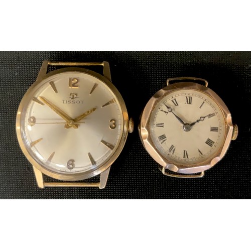 438 - A Tissot 9ct gold cased wristwatch head, brushed silvered dial, Arabic numerals and arrow baton mark... 