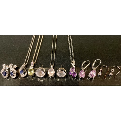 440 - A 925 silver Rose De France Amethyst pendant necklace and earrings suite,  another sapphire and Cz, ... 