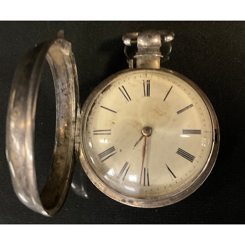 450 - A George IV silver pair cased pocket watch, by Josh Slack, Ipstones [Staffordshire], 4.5cm cream ena... 