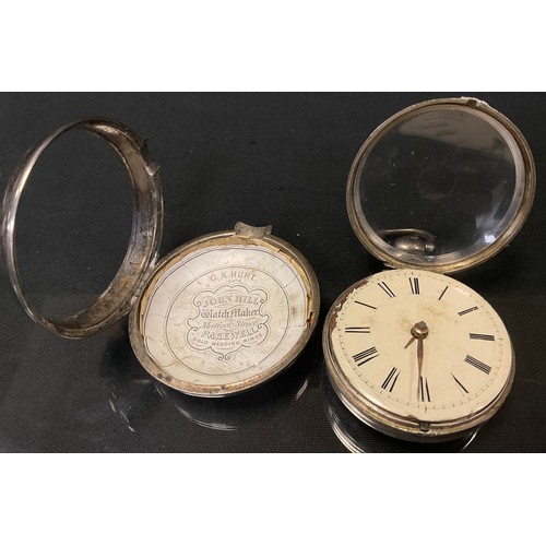 450 - A George IV silver pair cased pocket watch, by Josh Slack, Ipstones [Staffordshire], 4.5cm cream ena... 