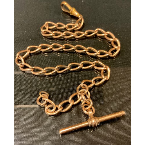 452 - A 9ct rose gold twist link Albert chain, T bar, rolled gold loop terminal, stamped 9 375, 22.2g