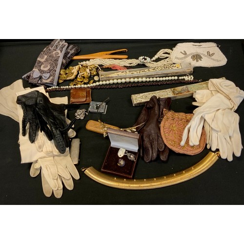 378 - Ladies fashion including 20th century gloves, beaded and embroidered purses and pouches, costume jew... 