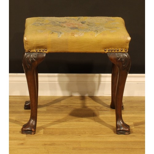 2067 - A George II Revival mahogany stool, in the 18th century Irish manner, stuffed-over upholstery, cabri... 