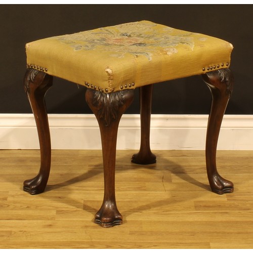 2067 - A George II Revival mahogany stool, in the 18th century Irish manner, stuffed-over upholstery, cabri... 