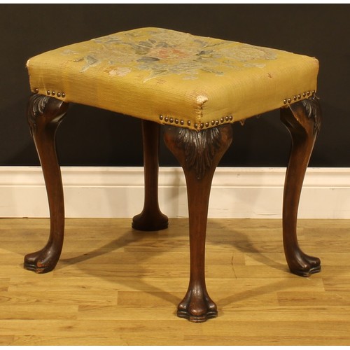 2067 - A George II Revival mahogany stool, in the 18th century Irish manner, stuffed-over upholstery, cabri... 