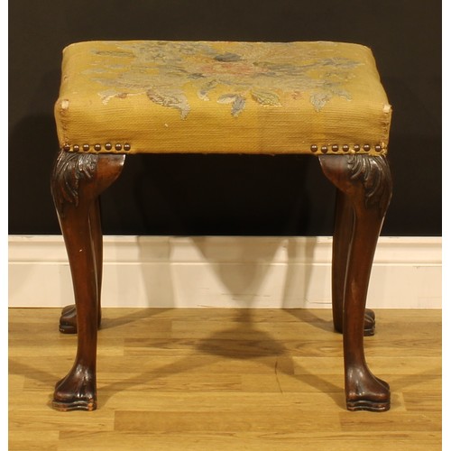 2067 - A George II Revival mahogany stool, in the 18th century Irish manner, stuffed-over upholstery, cabri... 