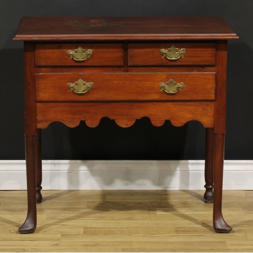 1283 - A 19th century American mahogany lowboy, rectangular top above two short and one long drawer, shaped... 