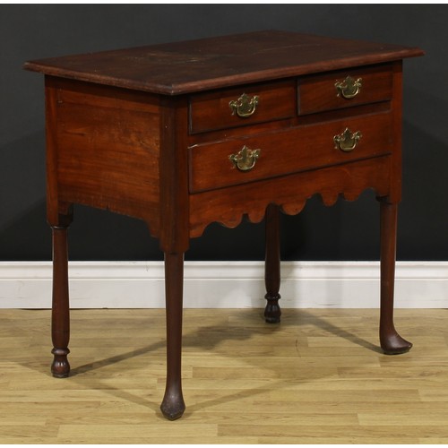 1283 - A 19th century American mahogany lowboy, rectangular top above two short and one long drawer, shaped... 