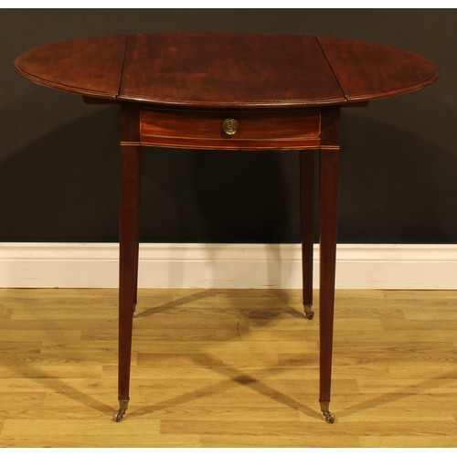 1277 - A ‘George III’ mahogany Pembroke table, oval top with fall leaves above a single frieze drawer, blin... 