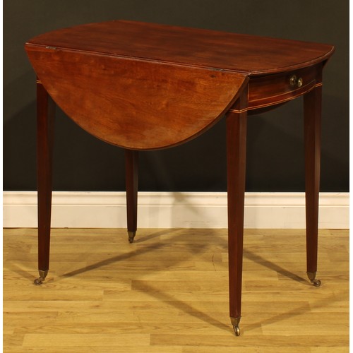 1277 - A ‘George III’ mahogany Pembroke table, oval top with fall leaves above a single frieze drawer, blin... 