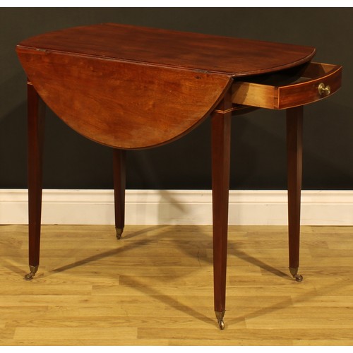 1277 - A ‘George III’ mahogany Pembroke table, oval top with fall leaves above a single frieze drawer, blin... 