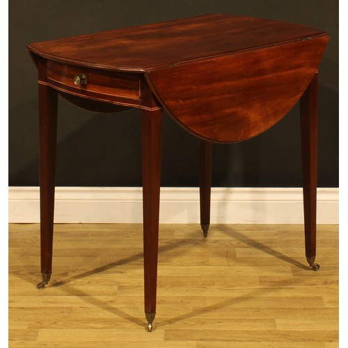 1277 - A ‘George III’ mahogany Pembroke table, oval top with fall leaves above a single frieze drawer, blin... 