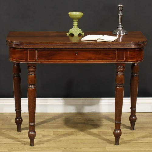 1252 - A 19th century mahogany tea table, hinged top with channelled edge above a frieze drawer, turned leg... 