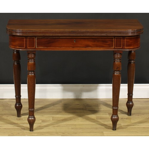 1252 - A 19th century mahogany tea table, hinged top with channelled edge above a frieze drawer, turned leg... 