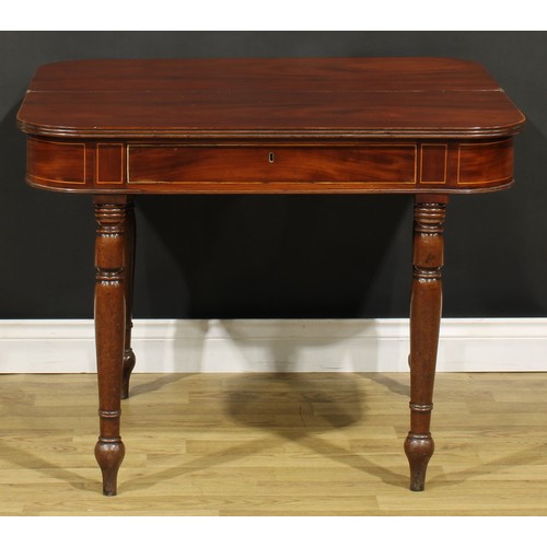 1252 - A 19th century mahogany tea table, hinged top with channelled edge above a frieze drawer, turned leg... 