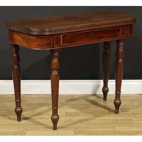 1252 - A 19th century mahogany tea table, hinged top with channelled edge above a frieze drawer, turned leg... 