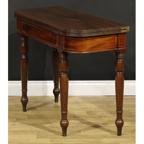 1252 - A 19th century mahogany tea table, hinged top with channelled edge above a frieze drawer, turned leg... 