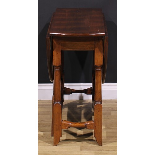 1278 - A 17th century style fruitwood gateleg table, oval top with fall leaves, turned and blocked supports... 