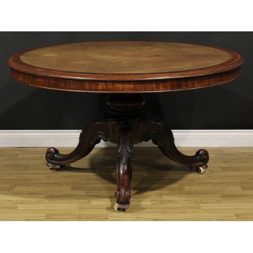 1480 - A Victorian mahogany room centre library table, circular top with inset tooled leather writing surfa... 