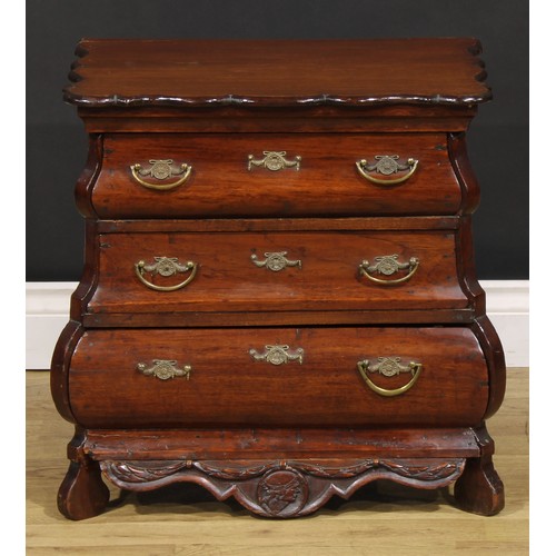 1570 - Miniature Furniture - a 19th century Dutch bombe commode or chest, of three long drawers, the shaped... 