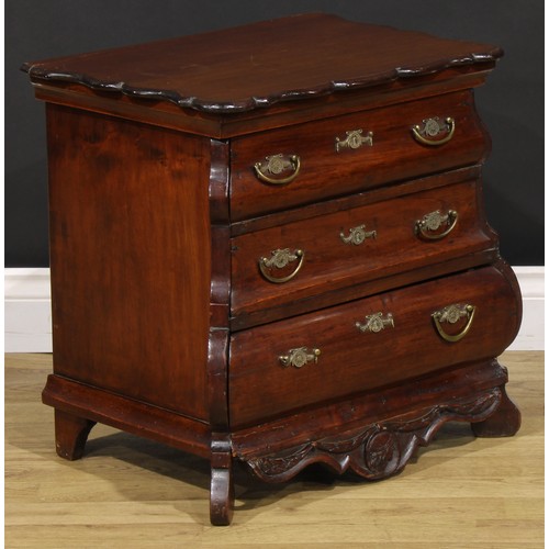 1570 - Miniature Furniture - a 19th century Dutch bombe commode or chest, of three long drawers, the shaped... 