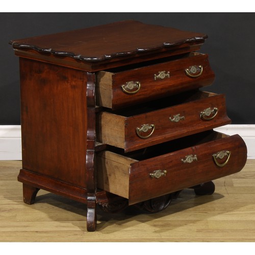 1570 - Miniature Furniture - a 19th century Dutch bombe commode or chest, of three long drawers, the shaped... 