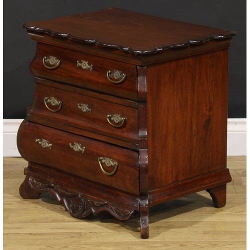 1570 - Miniature Furniture - a 19th century Dutch bombe commode or chest, of three long drawers, the shaped... 