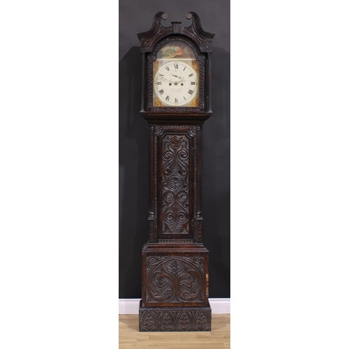 1512 - A George III oak longcase clock, 33cm arched painted dial inscribed Wainwright, Nottingham, Roman an... 