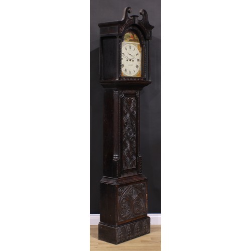 1512 - A George III oak longcase clock, 33cm arched painted dial inscribed Wainwright, Nottingham, Roman an... 