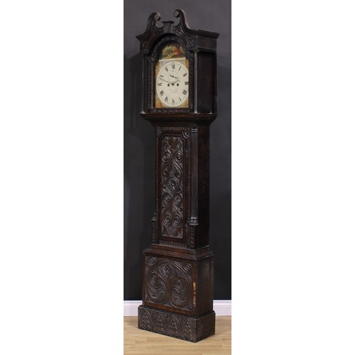 1512 - A George III oak longcase clock, 33cm arched painted dial inscribed Wainwright, Nottingham, Roman an... 