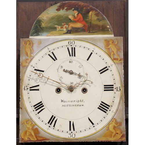 1512 - A George III oak longcase clock, 33cm arched painted dial inscribed Wainwright, Nottingham, Roman an... 