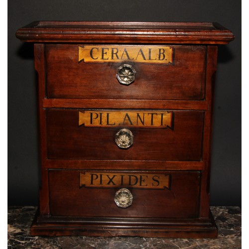 1849 - A mahogany table-top chest, as an apothecary cabinet, rectangular top above three drawers, glass han... 