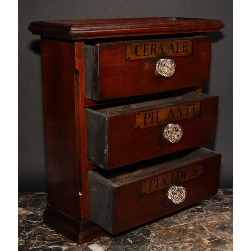 1849 - A mahogany table-top chest, as an apothecary cabinet, rectangular top above three drawers, glass han... 