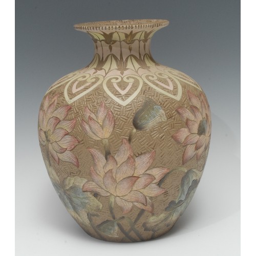 154 - A Calvert and Lovatt Langley ovoid vase, decorated by George Leighton Parkinson, in sgraffito and pa... 
